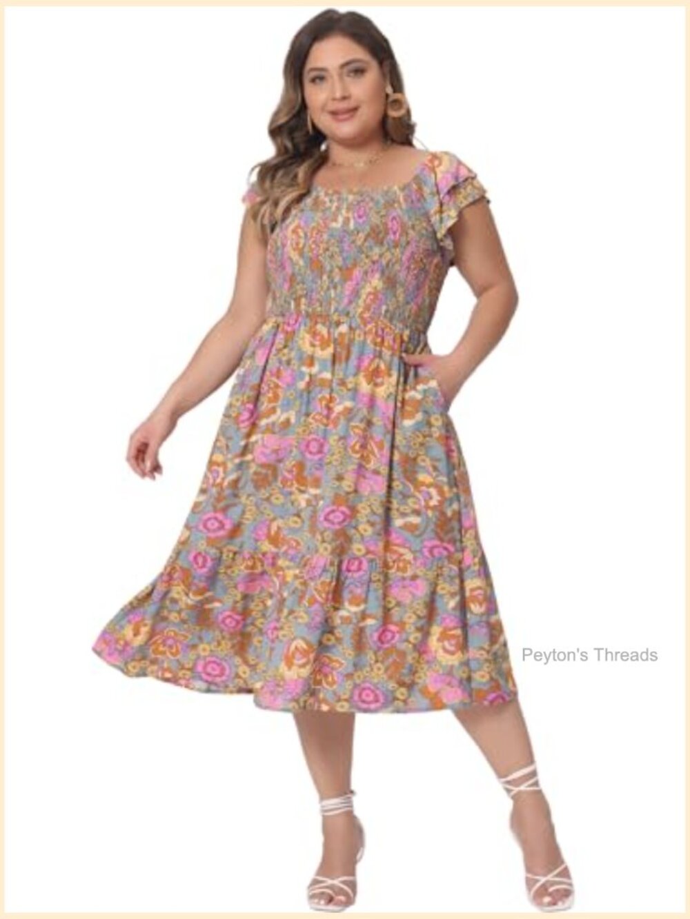 Plus Size Square Neck Flutter Sleeve Smocked High Waist Flowy Midi Dress - Picture 3 of 5